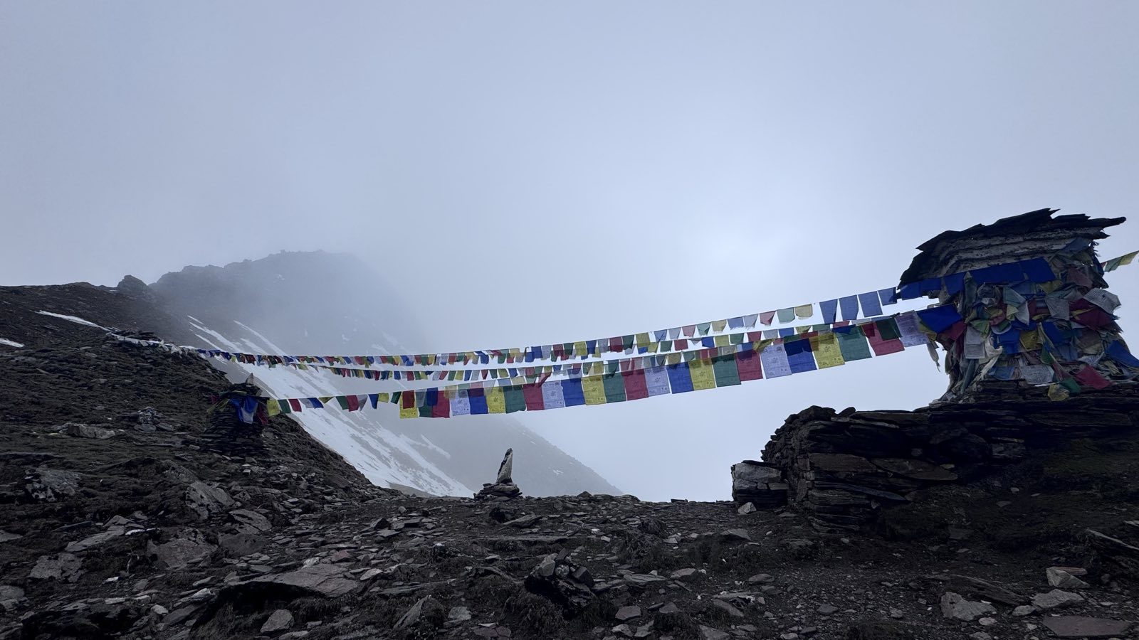 Prayer flags strung across a high Himalayan pass